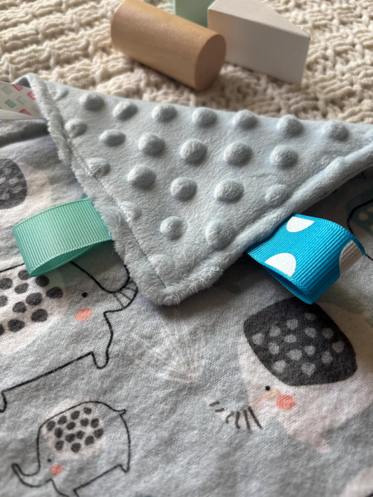 Elephant Minky Tag Blanket | Soft Sensory Security Lovey for Babies