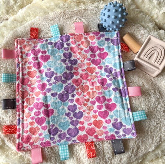 Heart Print Minky Ribbon Baby Tag Blanket | Sensory Lovey Security Blanket