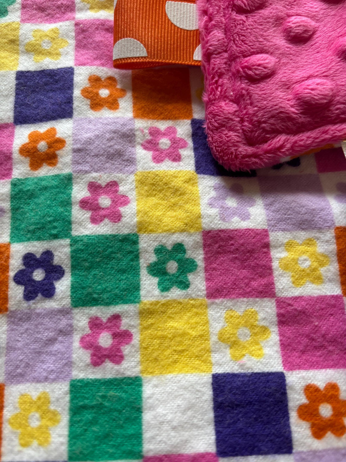 Groovy Daisy Check Baby Tag Blanket with Pink Minky Back | Sensory Ribbon Lovey