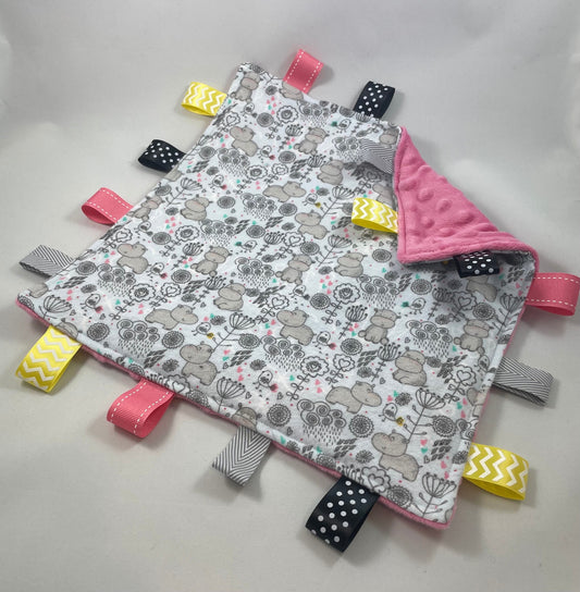Hippo Flannel Minky Tag Blanket | Sensory Lovey Security Item