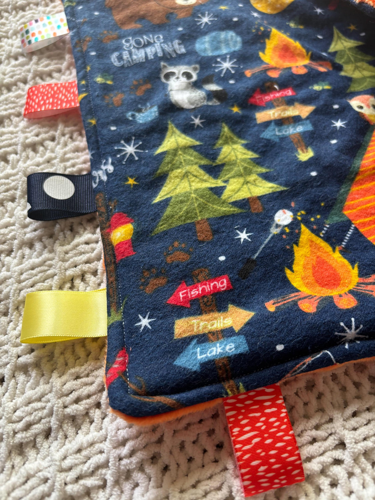 Woodland Camping Tag Blanket | Sensory Ribbon Lovey for Baby