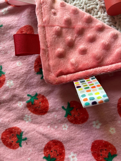 Strawberry Flannel Minky Tag Blanket | Sensory Lovey for Babies