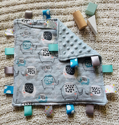 Elephant Minky Tag Blanket | Soft Sensory Security Lovey for Babies