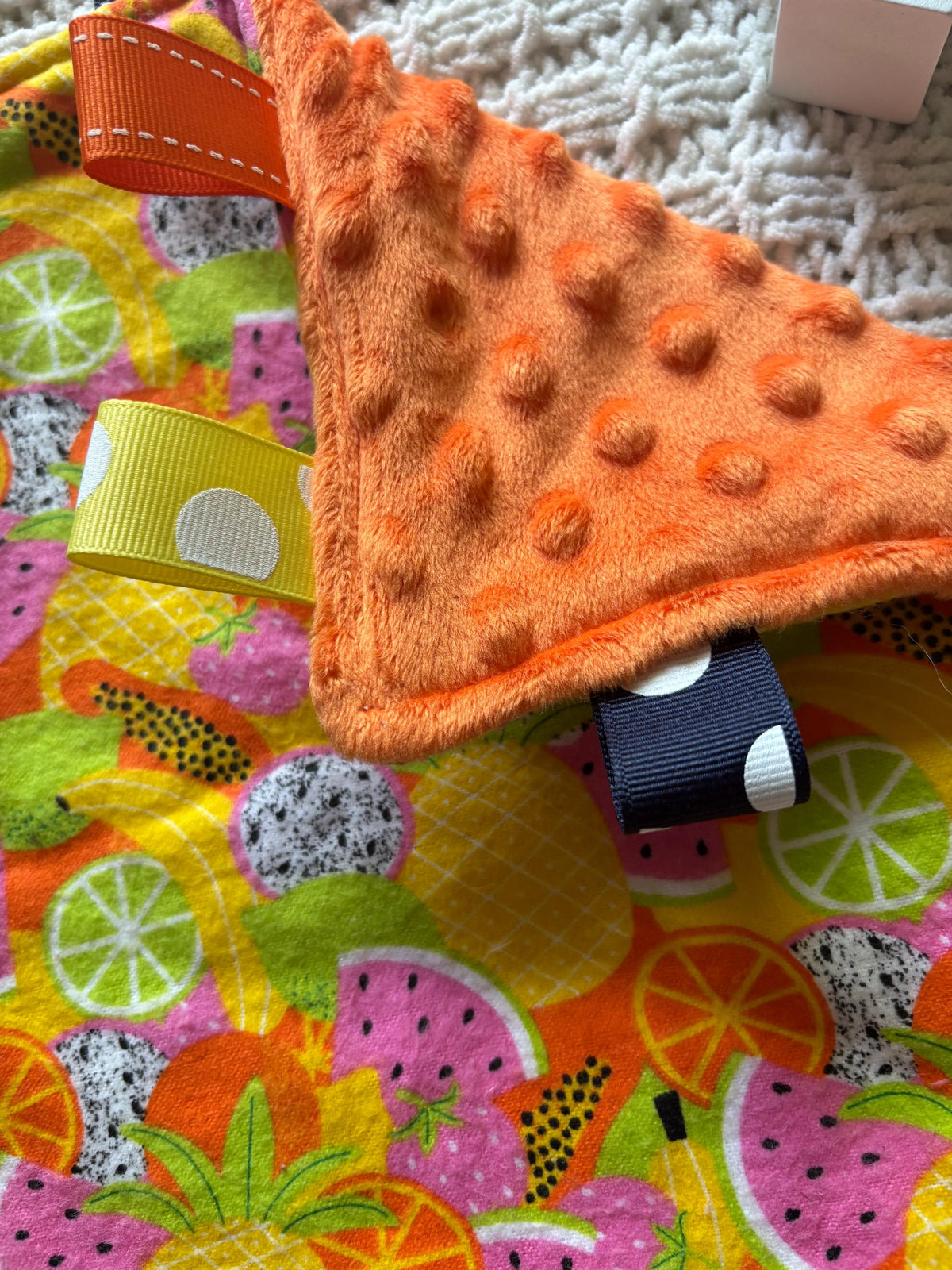 Tutti Frutti Tag Blanket | Sensory Lovey, Orange Minky Back, Ribbon Loops