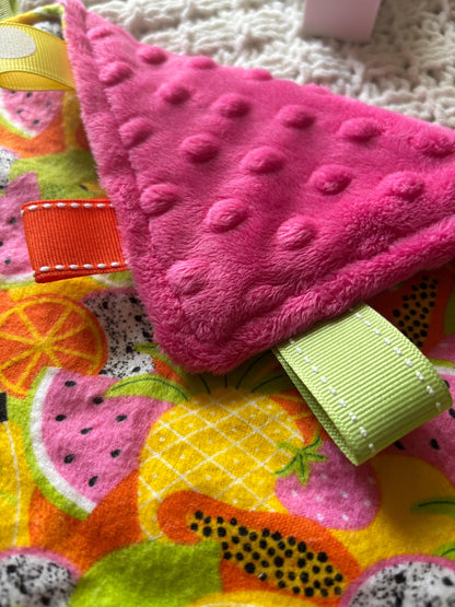 Tutti Frutti Tag Blanket with Pink Minky Back | Sensory Lovey Security Blanket