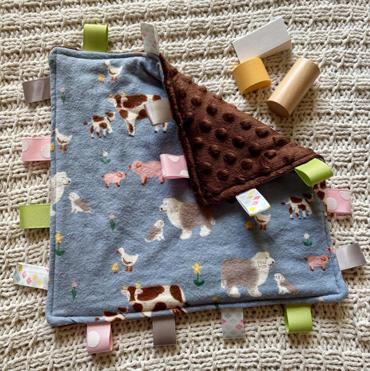 Farm Animal Tag Blanket | Minky Sensory Lovey for Babies