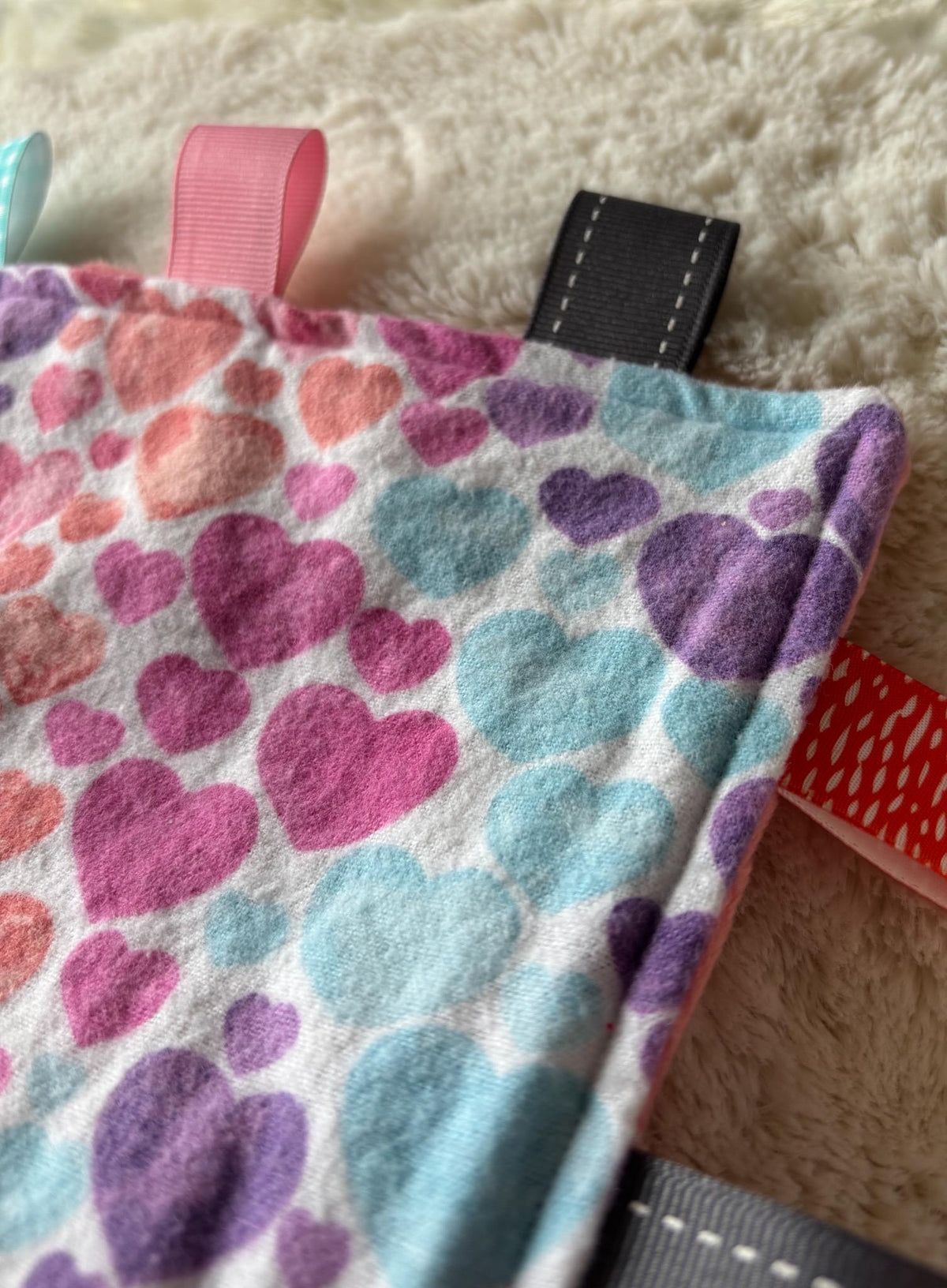 Heart Print Minky Ribbon Baby Tag Blanket | Sensory Lovey Security Blanket