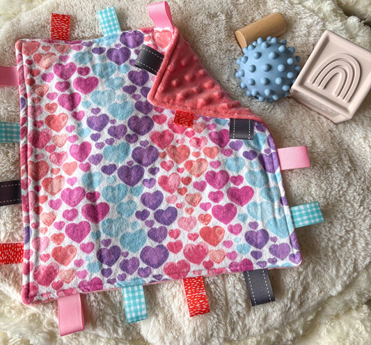 Heart Print Minky Ribbon Baby Tag Blanket | Sensory Lovey Security Blanket