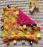 Tutti Frutti Tag Blanket with Pink Minky Back | Sensory Lovey Security Blanket