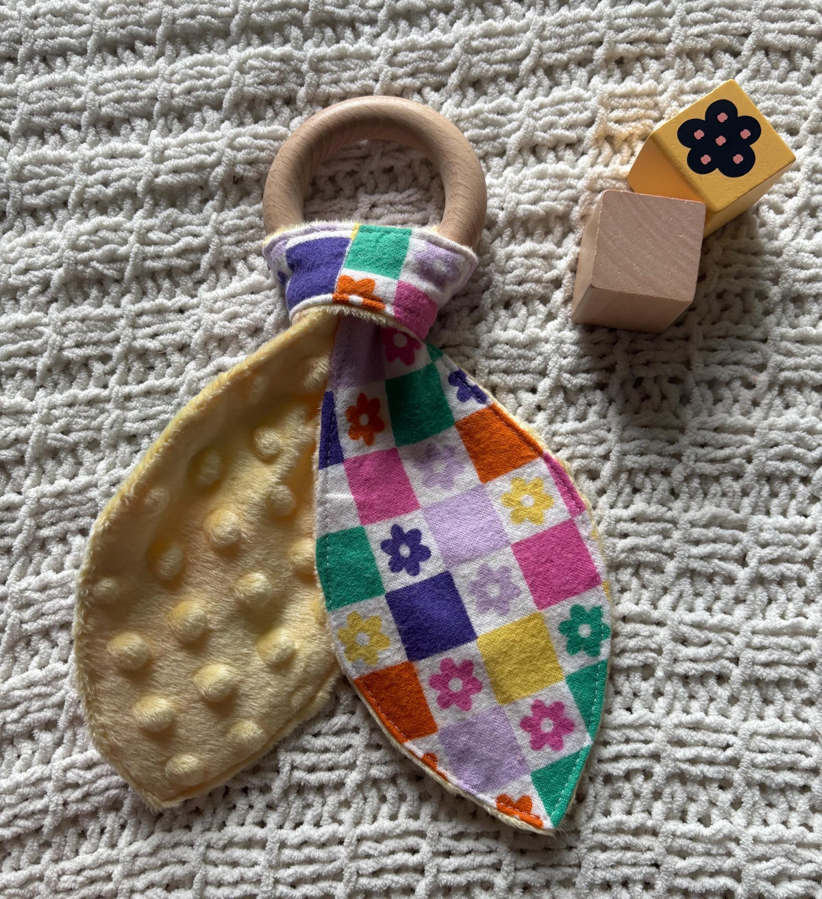 Groovy Daisy Wooden Bunny Ear Teething Ring | Crinkle Ears | Floral Baby Teether | Yellow Minky Sensory Toy | Handmade Baby Shower Gift