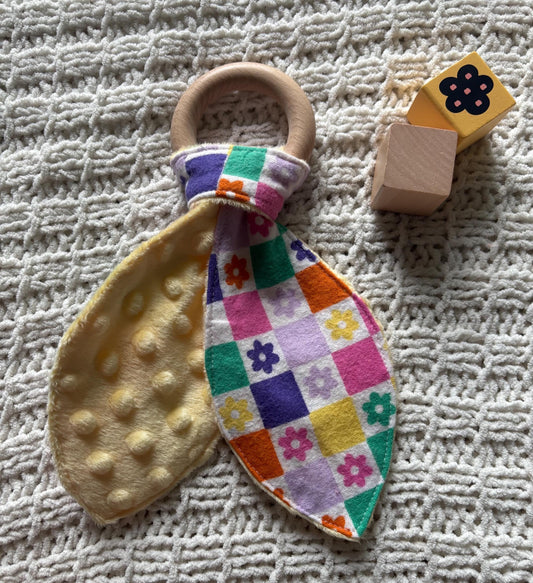 Groovy Daisy Wooden Bunny Ear Teething Ring | Crinkle Ears | Floral Baby Teether | Yellow Minky Sensory Toy | Handmade Baby Shower Gift