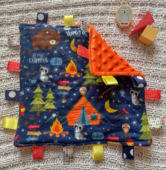 Woodland Camping Tag Blanket | Sensory Ribbon Lovey for Baby