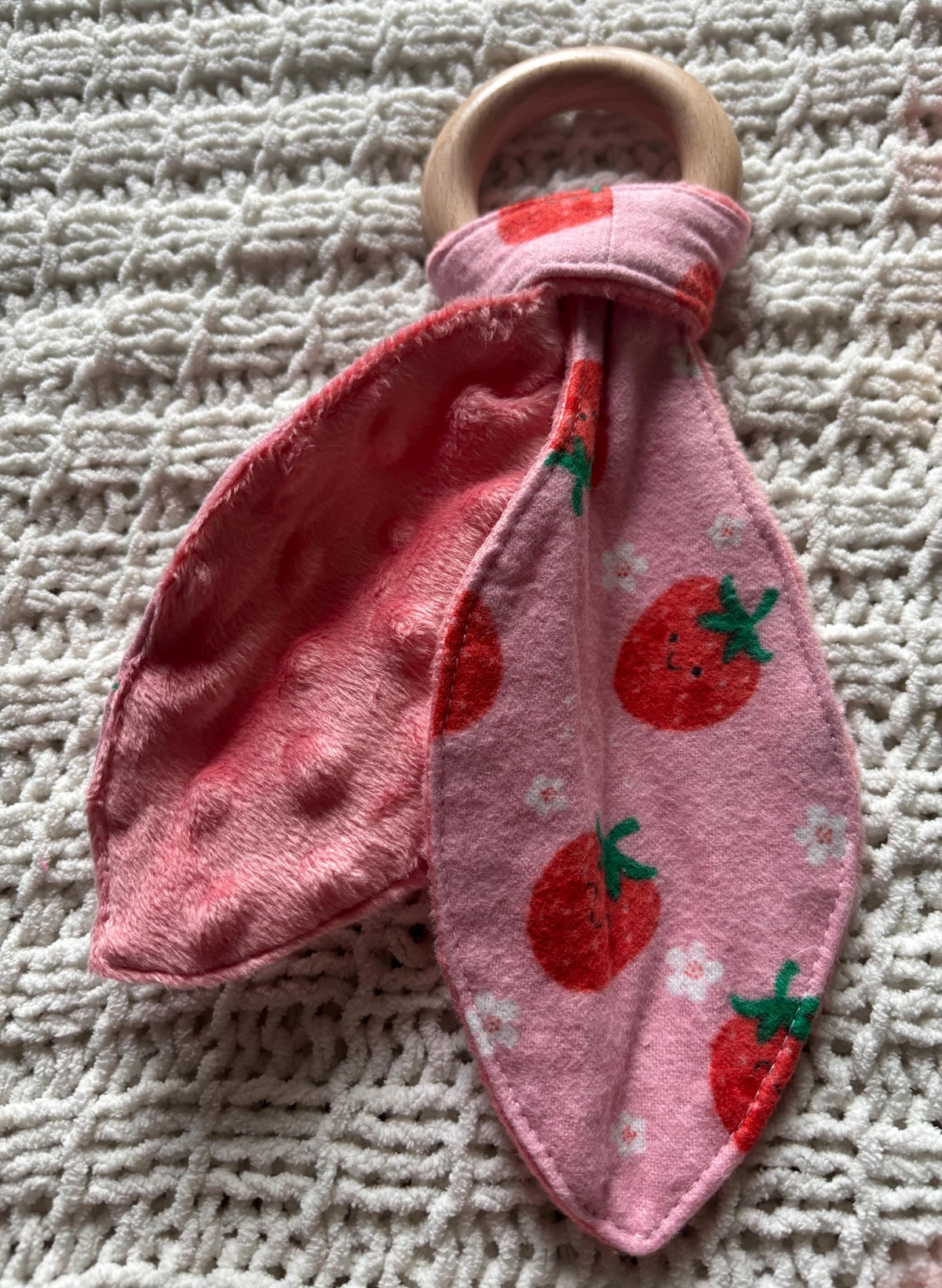 Berry Sweet Crinkle Bunny Ear Teether | Wooden Baby Teething Ring | Strawberry Sensory Toy | Handmade Baby Gift