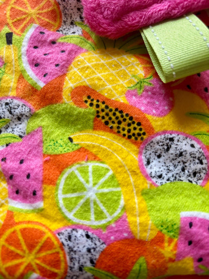 Tutti Frutti Tag Blanket with Pink Minky Back | Sensory Lovey Security Blanket