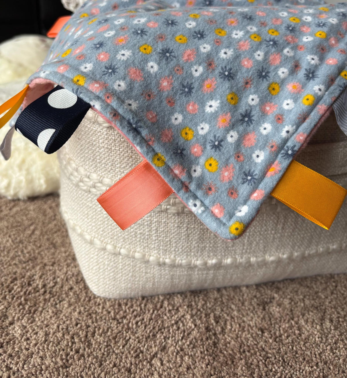 Floral Tag Blanket | Minky Ribbon Sensory Lovey, Baby Shower Gift