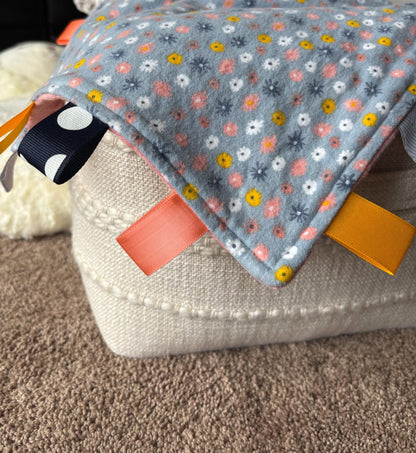 Floral Tag Blanket | Minky Ribbon Sensory Lovey, Baby Shower Gift