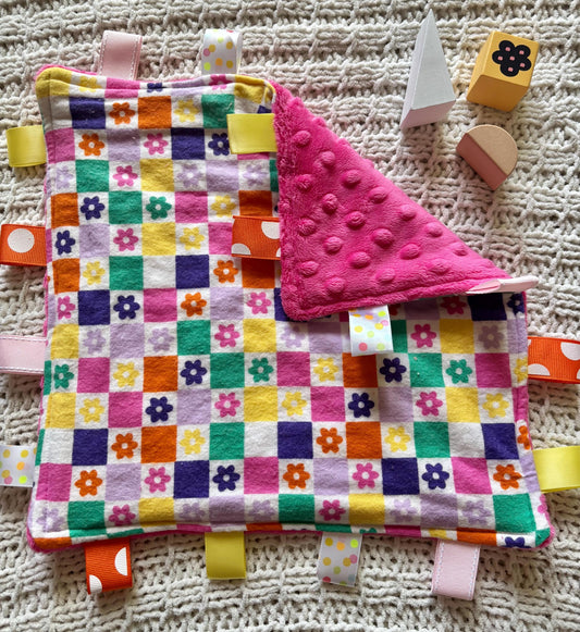 Groovy Daisy Check Baby Tag Blanket with Pink Minky Back | Sensory Ribbon Lovey