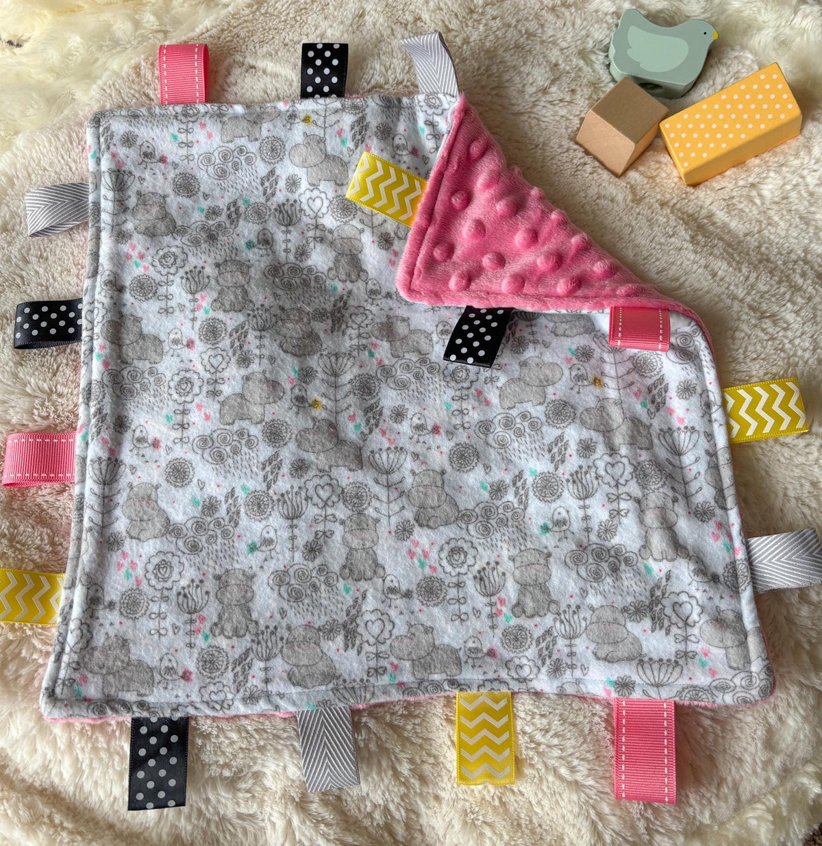 Hippo Flannel Minky Tag Blanket | Sensory Lovey Security Item