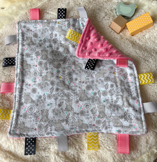 Hippo Flannel Minky Tag Blanket | Sensory Lovey Security Item