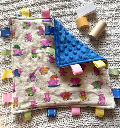 Playful Piggy Flannel Tag Blanket | Blue Minky Sensory Security Lovey