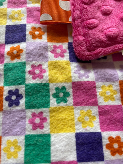 Groovy Daisy Check Baby Tag Blanket with Pink Minky Back | Sensory Ribbon Lovey