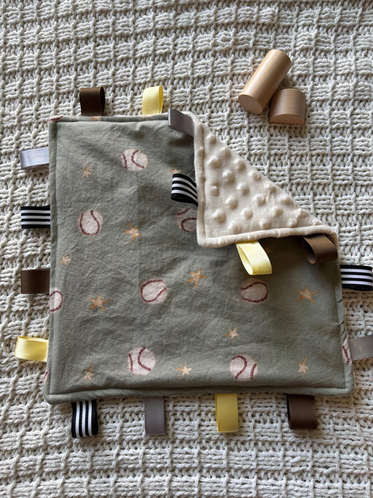 Baseball Baby Tag Blanket | Minky Fleece Sensory Toy (12" Square)