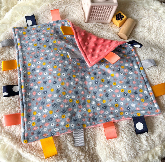 Floral Tag Blanket | Minky Ribbon Sensory Lovey, Baby Shower Gift