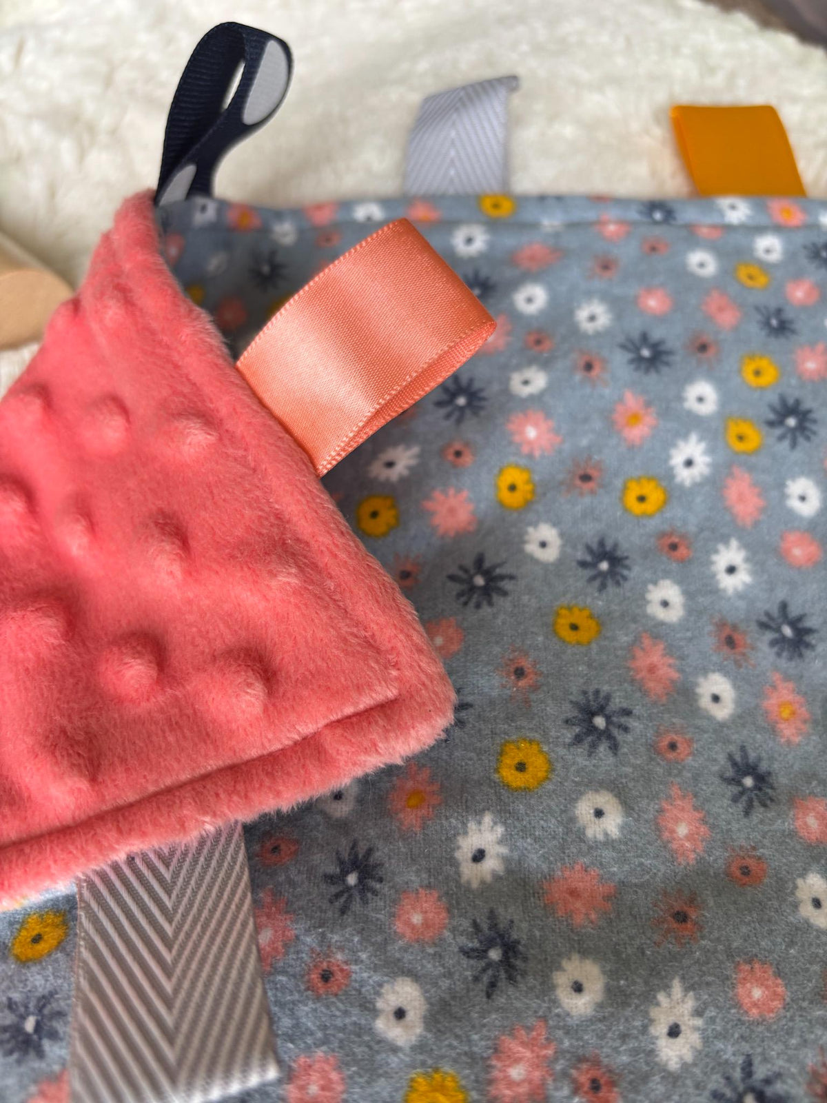 Floral Tag Blanket | Minky Ribbon Sensory Lovey, Baby Shower Gift