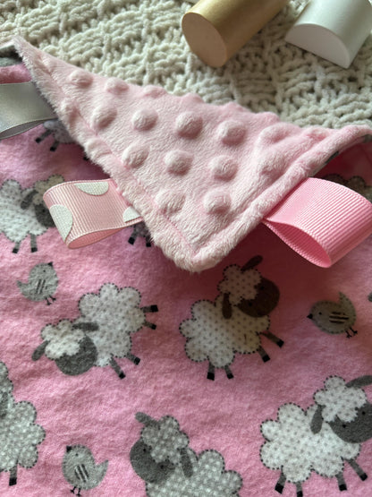 Pink Sheep Flannel Minky Tag Blanket | Sensory Security Lovey
