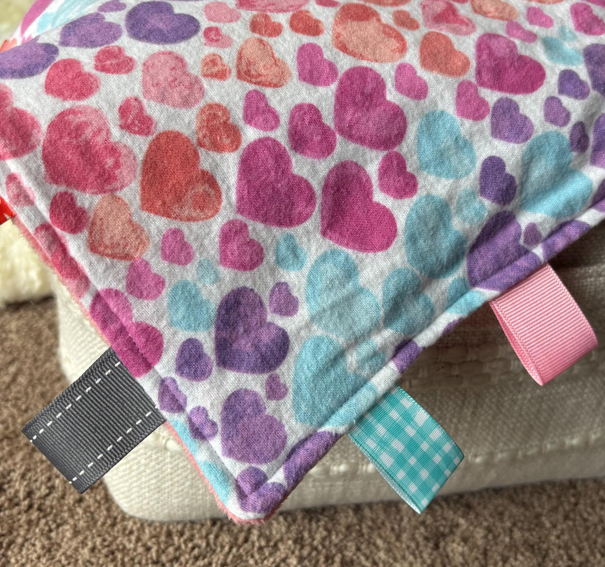 Heart Print Minky Ribbon Baby Tag Blanket | Sensory Lovey Security Blanket