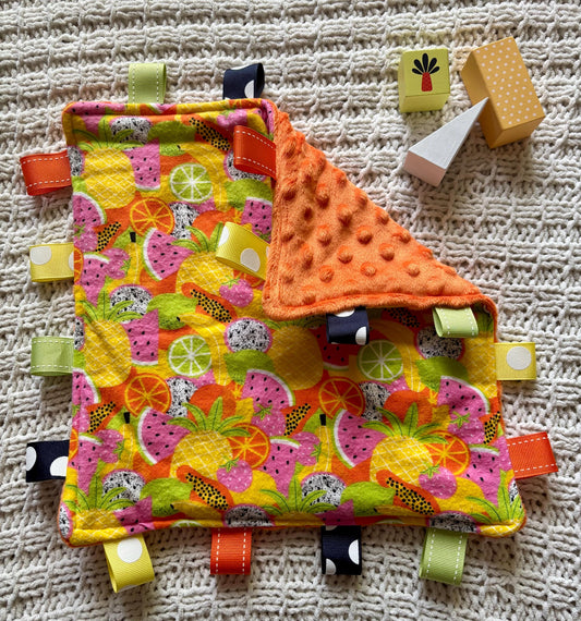 Tutti Frutti Tag Blanket | Sensory Lovey, Orange Minky Back, Ribbon Loops