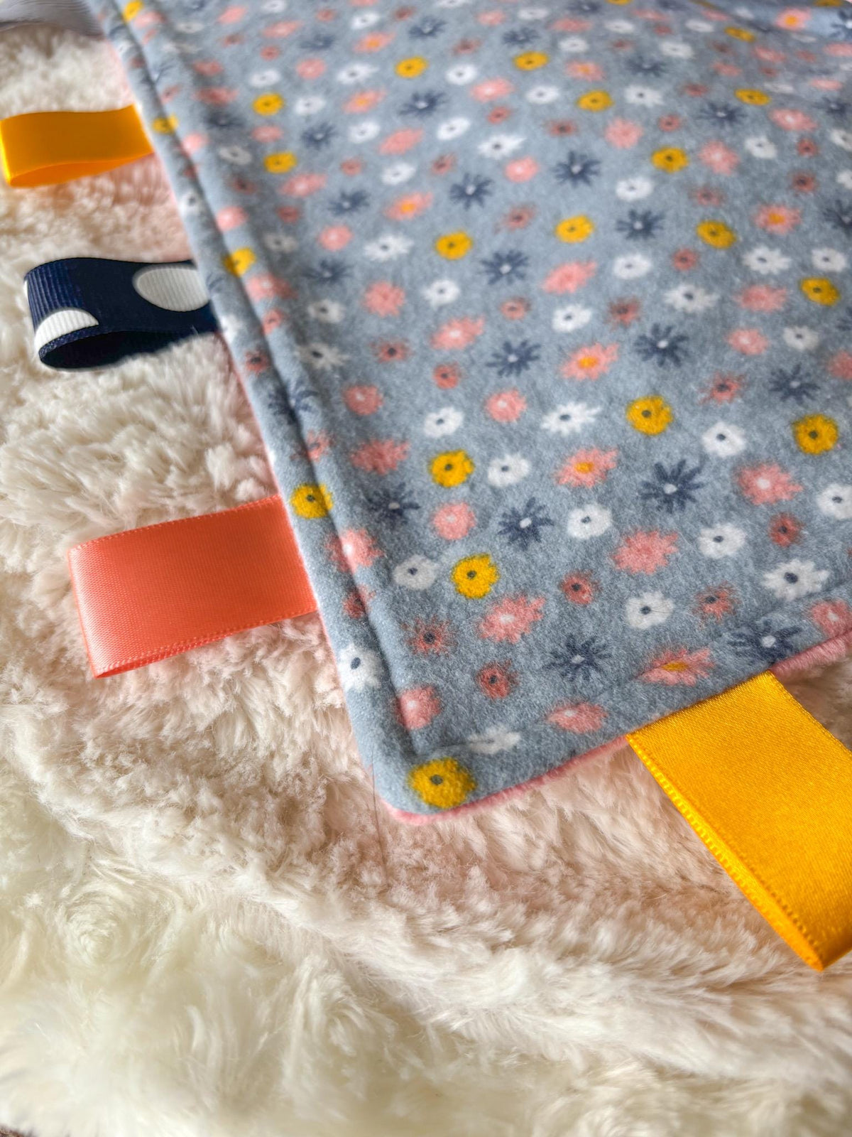Floral Tag Blanket | Minky Ribbon Sensory Lovey, Baby Shower Gift