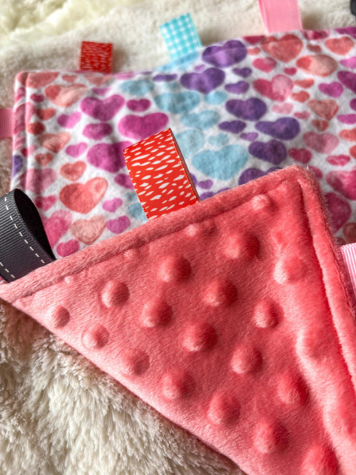 Heart Print Minky Ribbon Baby Tag Blanket | Sensory Lovey Security Blanket