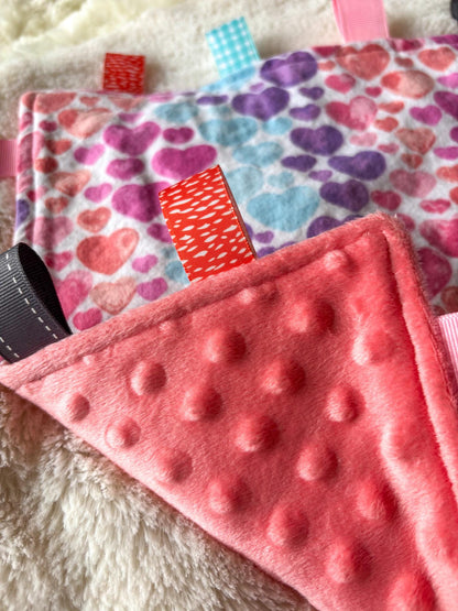 Heart Print Minky Ribbon Baby Tag Blanket | Sensory Lovey Security Blanket