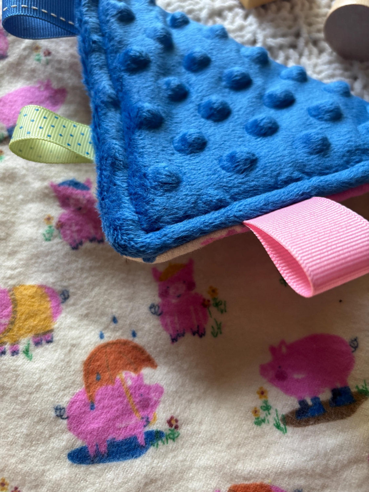Playful Piggy Flannel Tag Blanket | Blue Minky Sensory Security Lovey