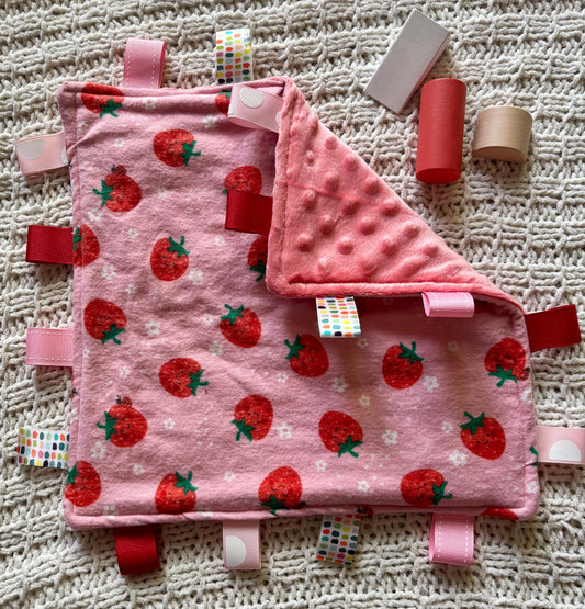 Strawberry Flannel Minky Tag Blanket | Sensory Lovey for Babies