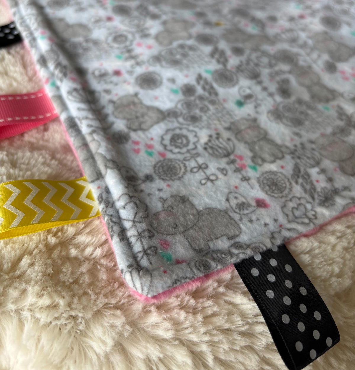 Hippo Flannel Minky Tag Blanket | Sensory Lovey Security Item