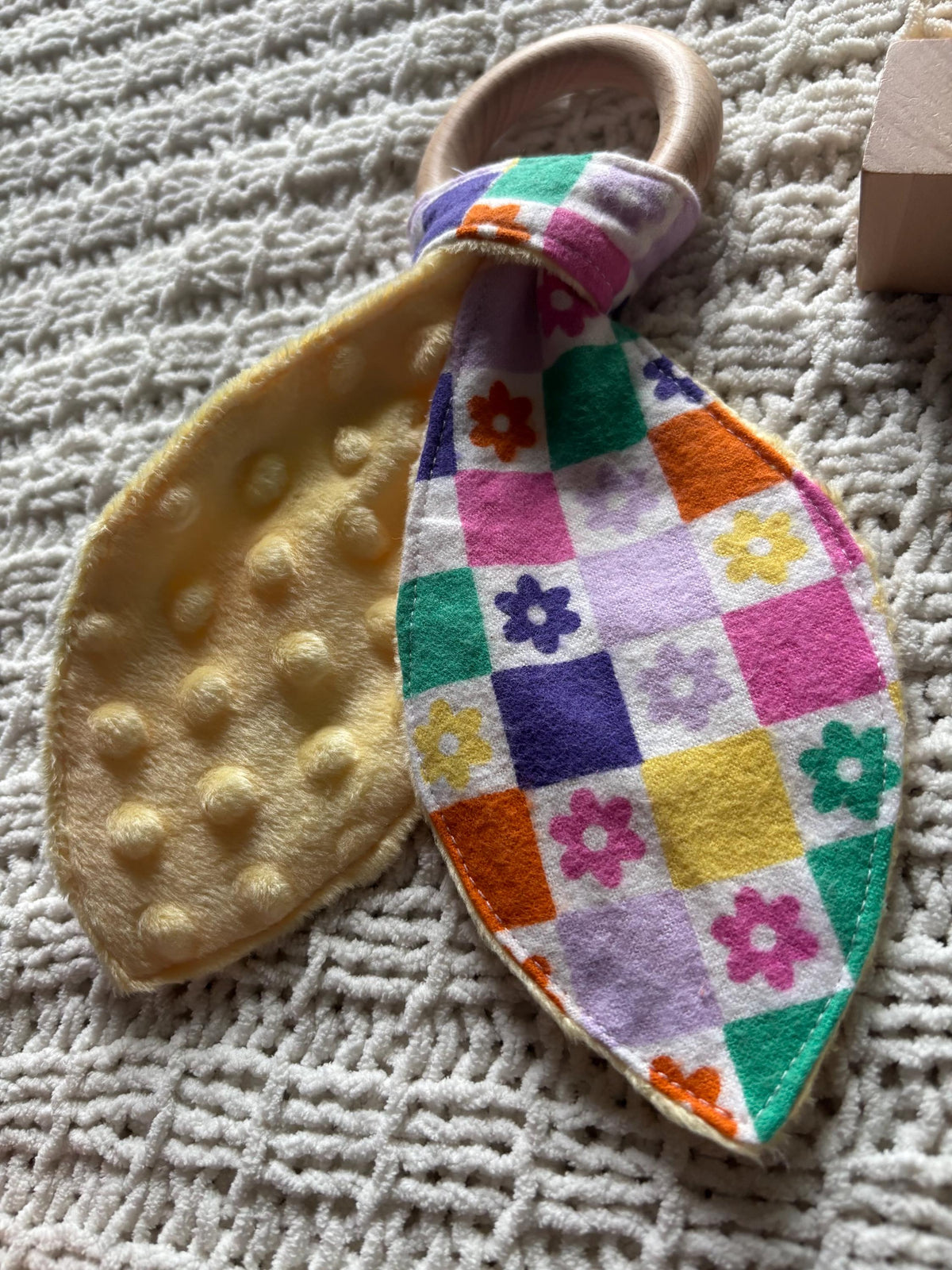 Groovy Daisy Wooden Bunny Ear Teething Ring | Crinkle Ears | Floral Baby Teether | Yellow Minky Sensory Toy | Handmade Baby Shower Gift