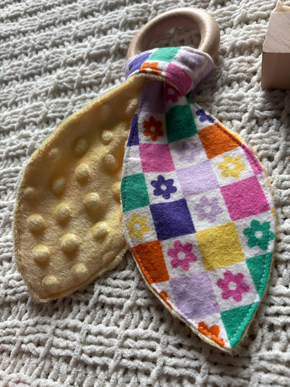 Groovy Daisy Wooden Bunny Ear Teething Ring | Crinkle Ears | Floral Baby Teether | Yellow Minky Sensory Toy | Handmade Baby Shower Gift