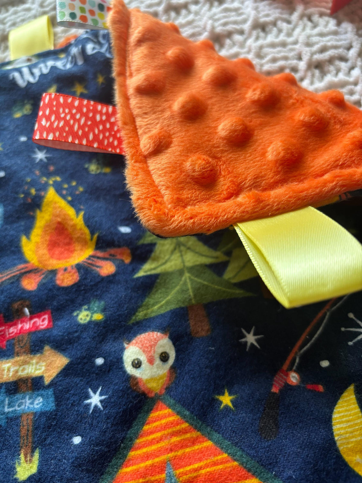 Woodland Camping Tag Blanket | Sensory Ribbon Lovey for Baby