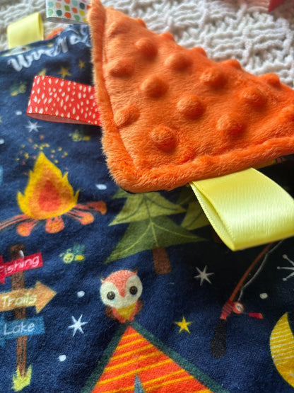Woodland Camping Tag Blanket | Sensory Ribbon Lovey for Baby