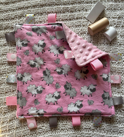 Pink Sheep Flannel Minky Tag Blanket | Sensory Security Lovey