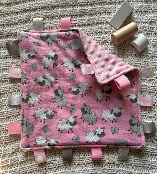 Pink Sheep Flannel Minky Tag Blanket | Sensory Security Lovey