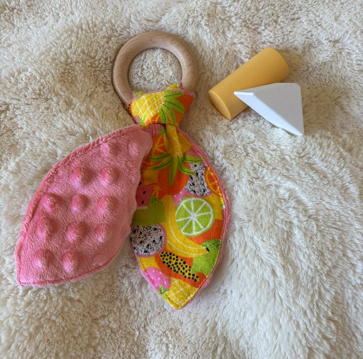 Tutti Frutti Teething Ring | Wooden Baby Teether | Crinkle Leaf Sensory Toy | Handmade Baby Shower Gift