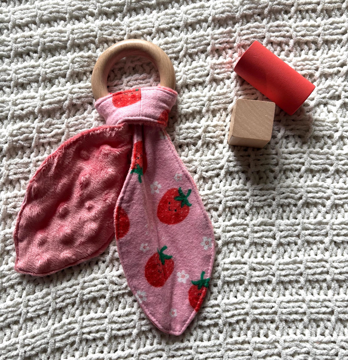 Berry Sweet Crinkle Bunny Ear Teether | Wooden Baby Teething Ring | Strawberry Sensory Toy | Handmade Baby Gift