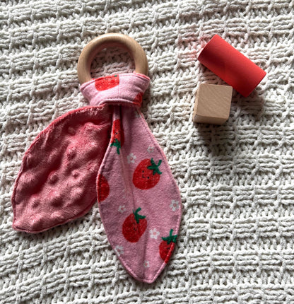 Berry Sweet Crinkle Bunny Ear Teether | Wooden Baby Teething Ring | Strawberry Sensory Toy | Handmade Baby Gift
